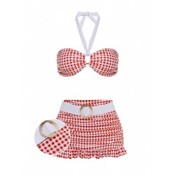  Red  Plaid Halter Bikini Set