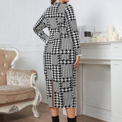 Plus Size  Houndstooth Button V-Neck Knit Dress