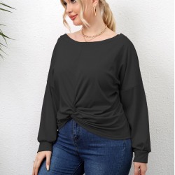 Plus Size Solid Twisted Boatneck Long Sleeve Tops