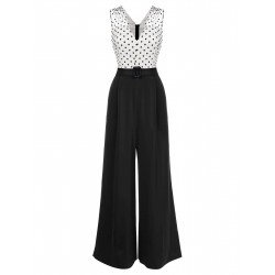  Polka Dot Patchwork Belt Jumpsuit