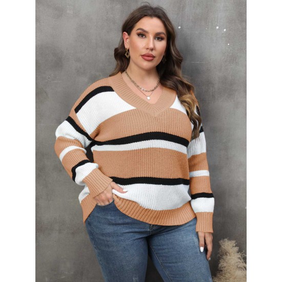 Plus Size  Yarn-Dyed Jacquard Striped Sweater