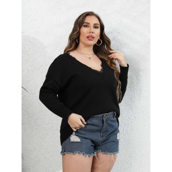 Plus Size Black V-Neck Lace Patchwork Knit Top