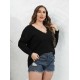 Plus Size Black V-Neck Lace Patchwork Knit Top