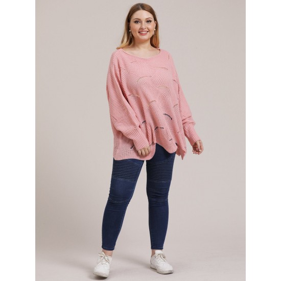 Plus Size  Round Neck Cutout Sweater