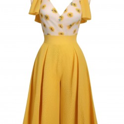 Yellow  V-Neck Sunflower Patchwork Jumpsuit