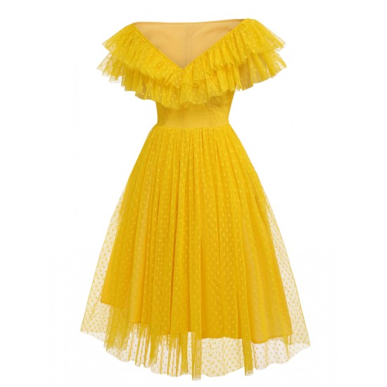 Yellow  Dots Off-Shoulder Mesh Swing Dress