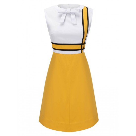 White & Yellow  Bowknot Patchwork Dress