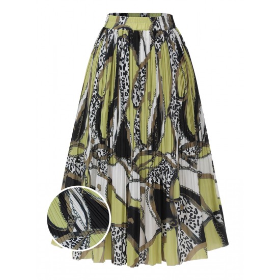 Green & Black  Patterned Pleated Midi Skirt