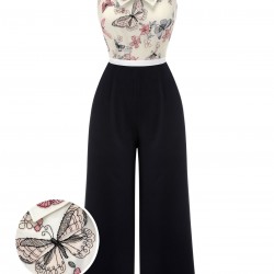 Black & White  Lapel Floral Butterfly Jumpsuit