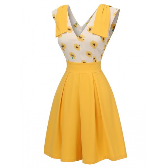 Yellow  V-Neck Sunflower Patchwork Jumpsuit