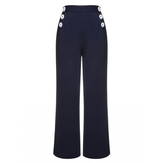 Pre-Sale Dark Blue  Solid Button Straight Pants