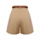 Khaki  Solid Cotton Blend Belted Shorts