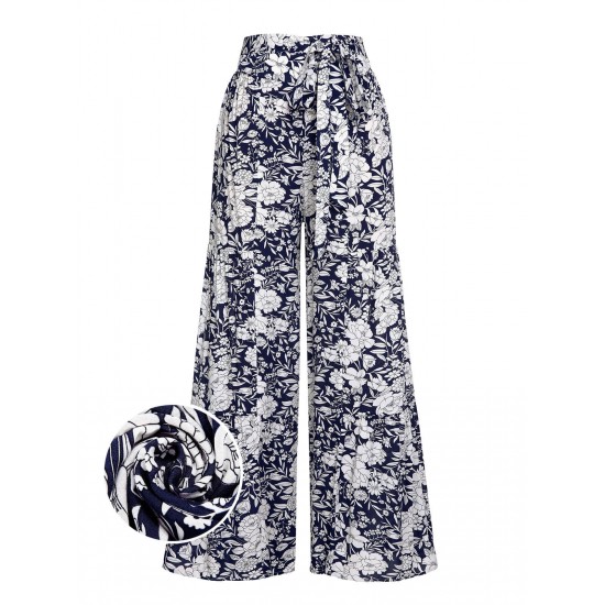 Navy Blue  Floral Wide-Leg Pants