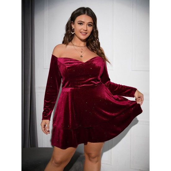 Plus Size Wine Red  Velvet Off-Shoulder Dress