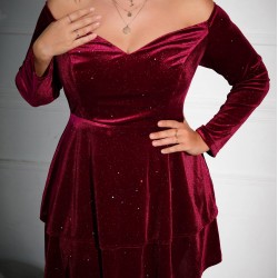 Plus Size Wine Red  Velvet Off-Shoulder Dress