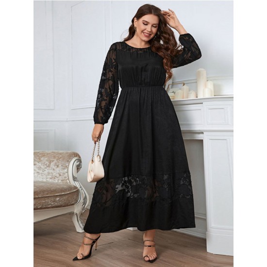 Plus Size Black  Long Sleeve Solid Lace Dress