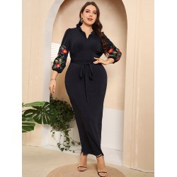 Plus Size Black  Embroidered Floral Pencil Dress