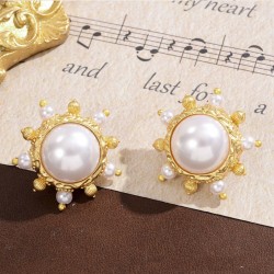 Gold & White Artificial Pearl Earrings