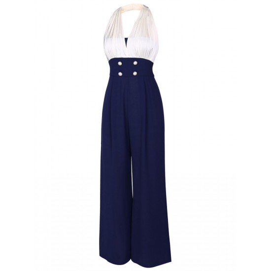 Blue  Halter Patchwork Jumpsuit