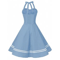 Blue  Polka Dot Halter Swing Dress