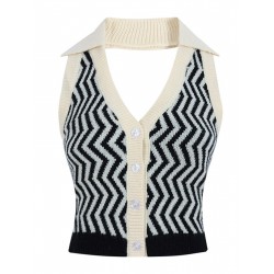 Black  Knitting Stripes Halter Button Tops