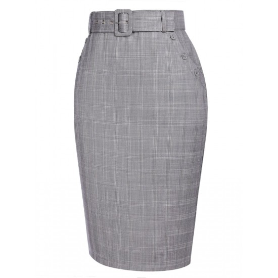 Gray  Plaid Belt Pencil Skirt