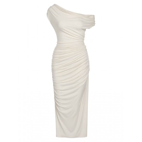 Ivory  Cap Sleeve Slim Pleated Dress