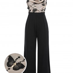 Black  Strap Butterfly Lace Patchwork Jumpsuit