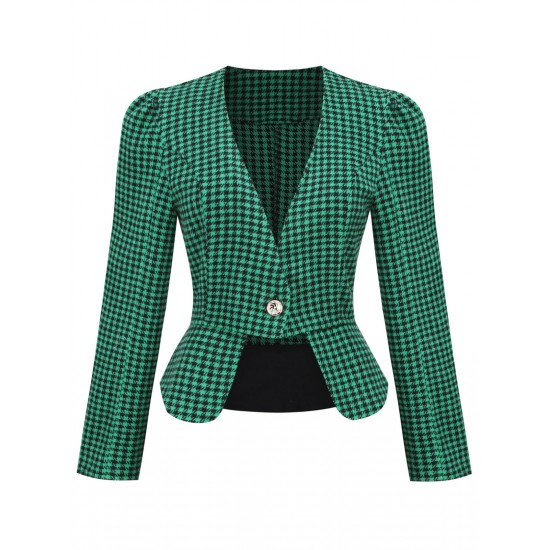 Green   Plaid Button Fitted Blazer