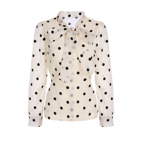 Beige  Polka Dot Bow Blouse