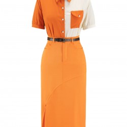  2PCS Vintage Orange Shirt & Slit Skirt