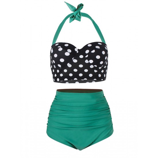  Polka Dot Halter Pleated Bikini