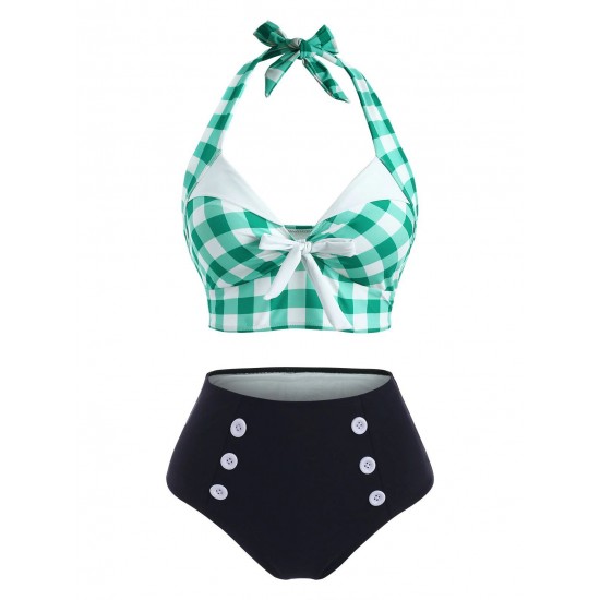 Green  Checked Halter Bowknot Bikini Set