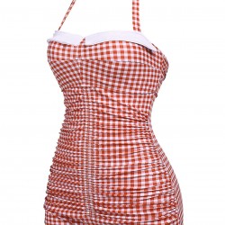 Checked  Halter Bowknot One-piece Swimsuit