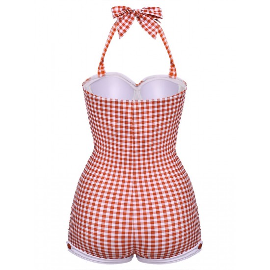 Checked  Halter Bowknot One-piece Swimsuit