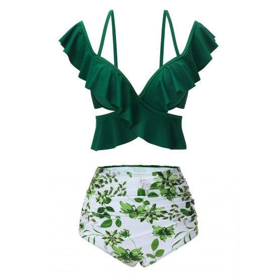 Green  Ruffles Floral Spaghetti Strap Swimsuit