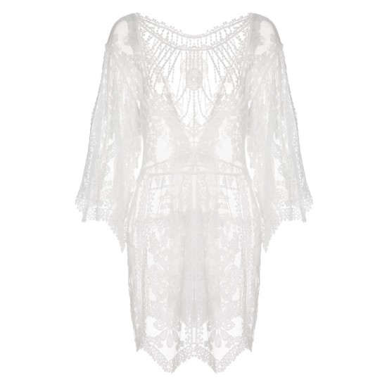 White V-Neck Embroidered Lace Cover-up