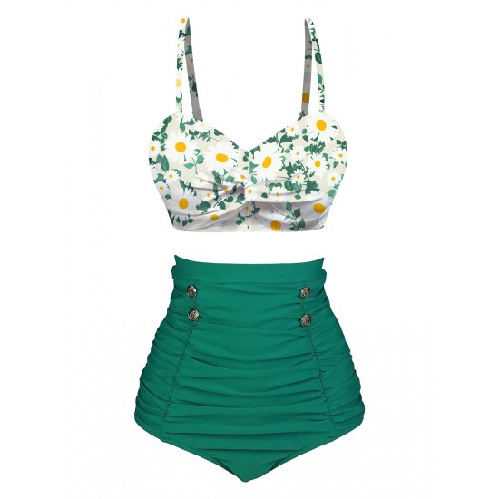 Green  Daisy Strap Pleated Swimsuit